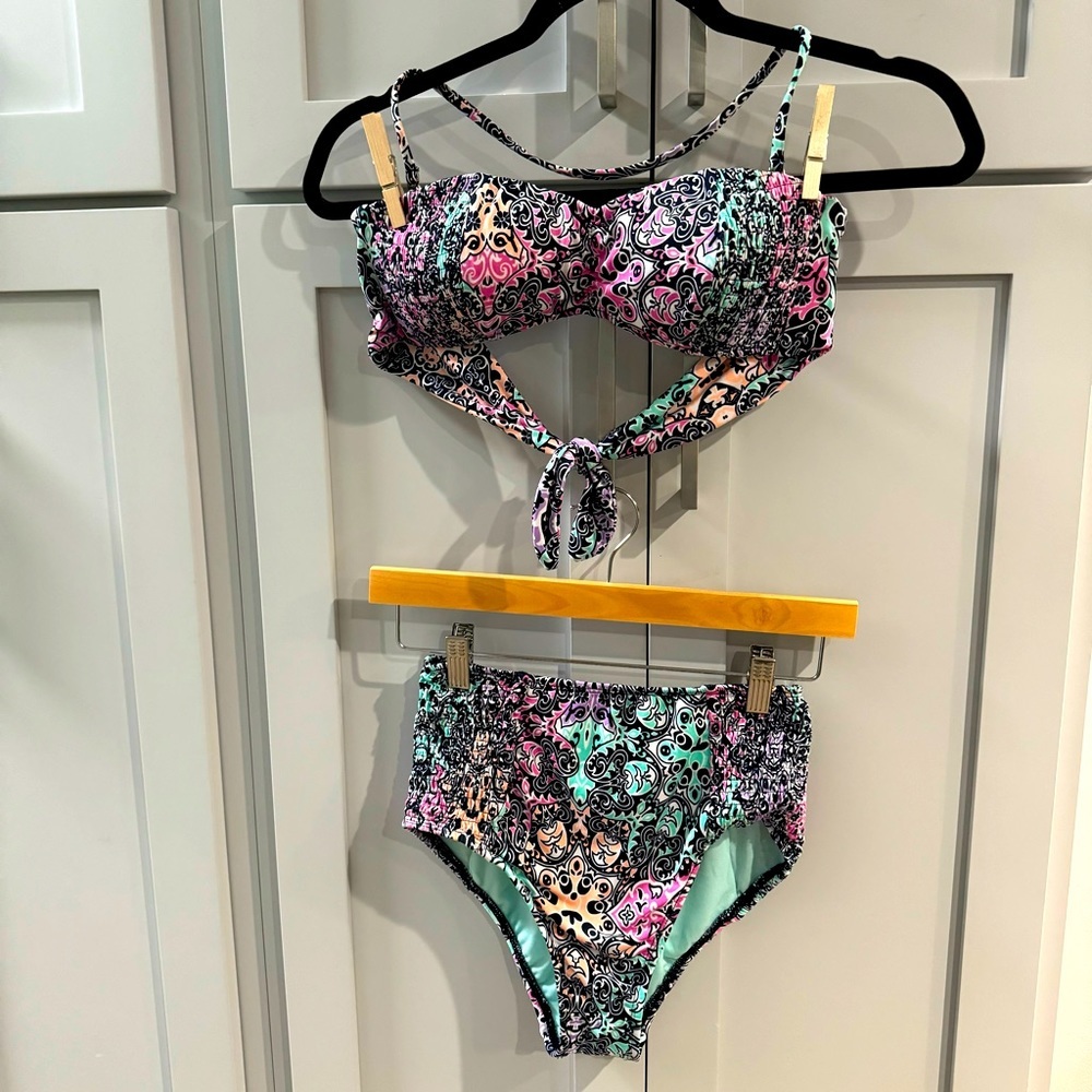 Bikini Lab‎ High Rise Bikini with Bandeau Top w/Smocking Pastel Paisley Print Sm